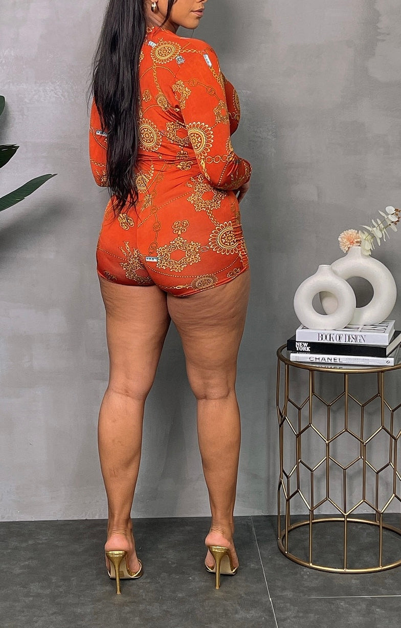 V-Neck Print Fitted Romper