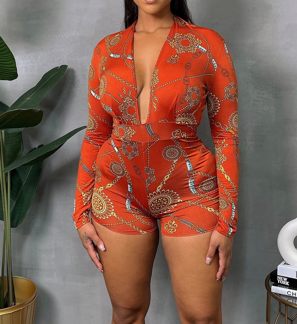 V Neck Print Romper