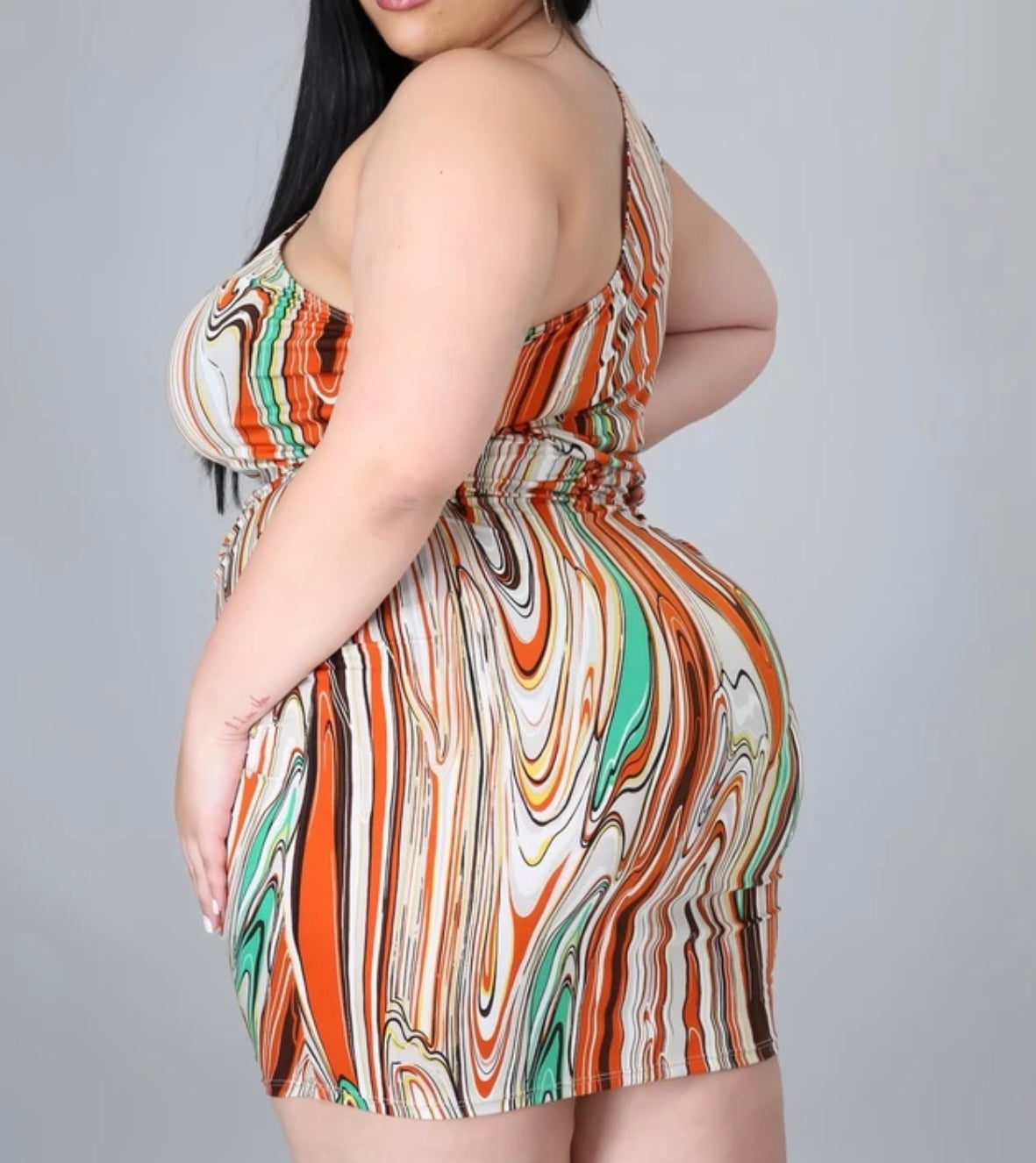 Fitted One Shoulder Abstract Dress (Plus)