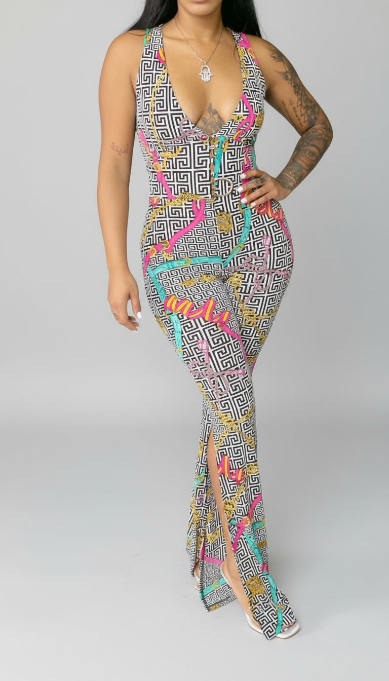 V-Neck Romper Tie Back w/ Side Leg Slit