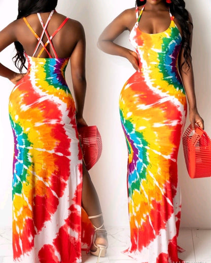 Rainbow Multicolor Flowy Criss-Cross Back Dress, Multi Red ONLINE WOMENS CLOTHING BOUTIQUE, WOMENS ONLINE BOUTIQUE NEAR ME