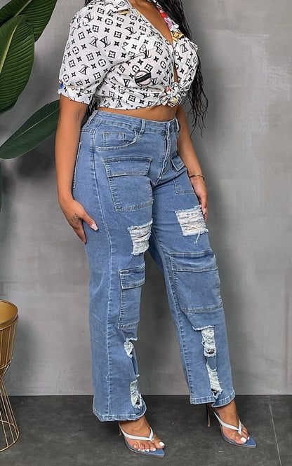 Multi Pocket Ripped Denim Jeans