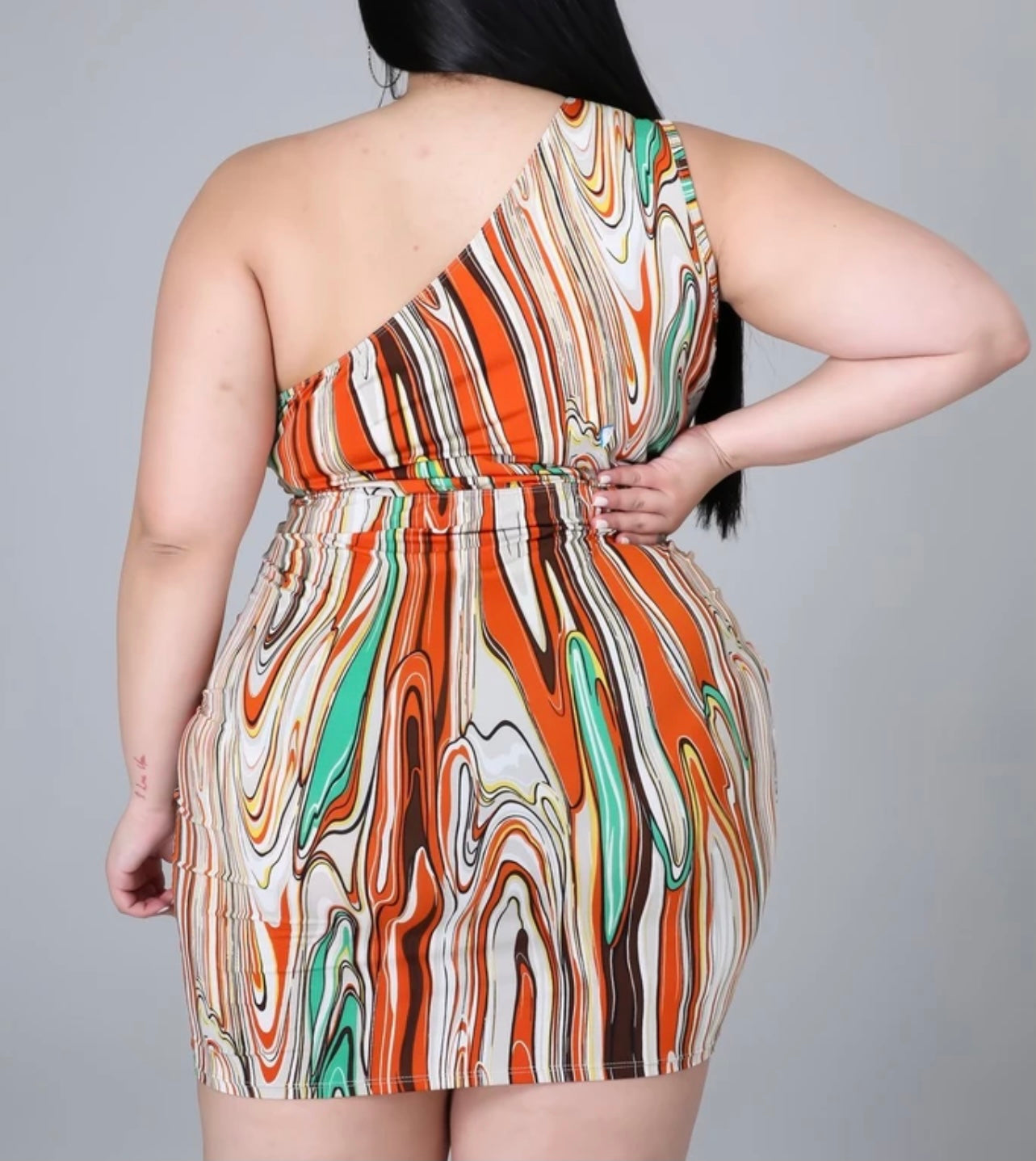 Fitted One Shoulder Abstract Dress  (Plus)