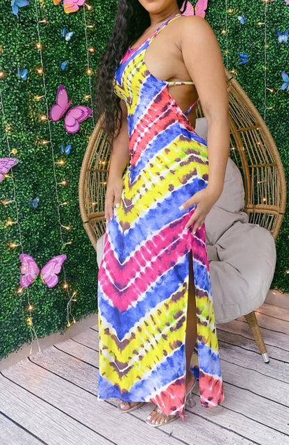 Multi-Colored Back Out Spaghetti Strap Side Leg Split Dress