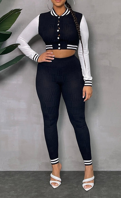 Textured Varsity Jacket & Pants Set, Black ONLINE WOMENS CLOTHING BOUTIQUE, WOMENS ONLINE BOUTIQUE NEAR ME