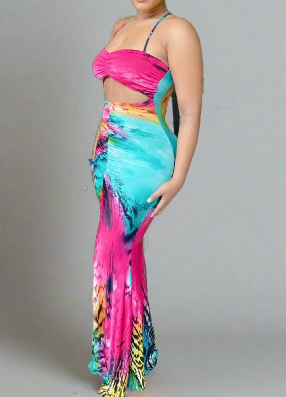 Mermaid Fitted Multi Colored Front Out - Front Slit Dress