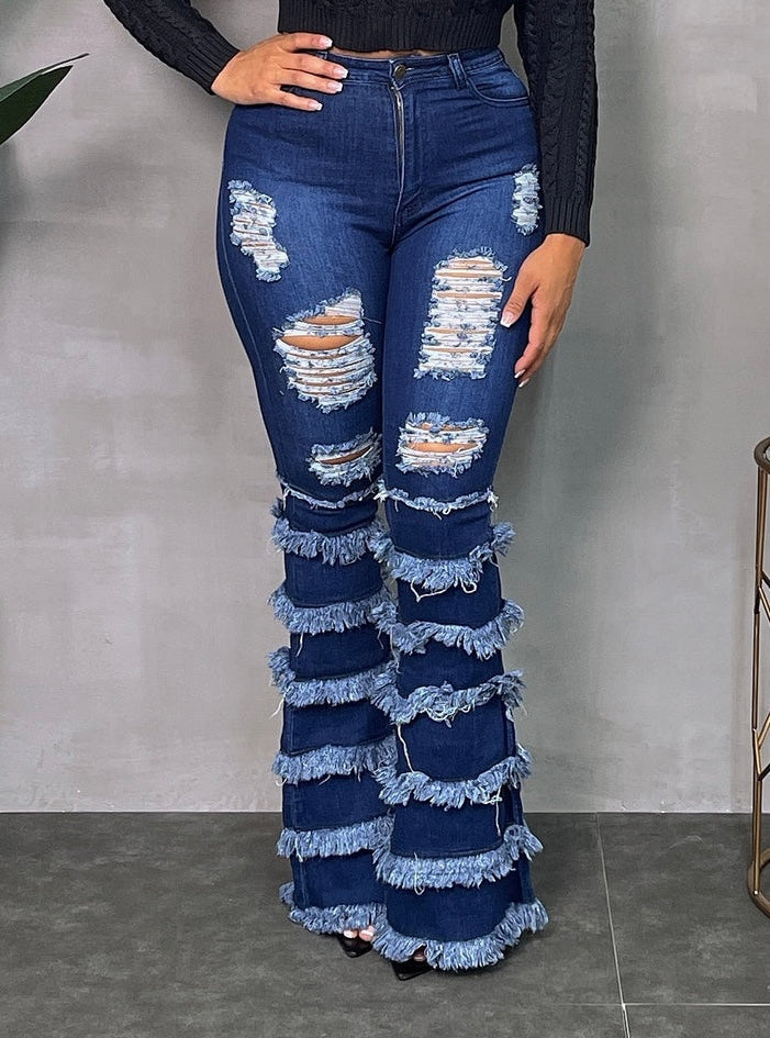 Destroyed Layered Flare Jeans