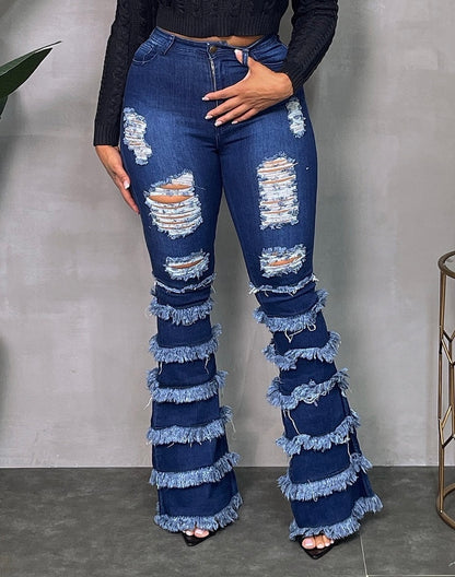 Destroyed Layered Flare Jeans